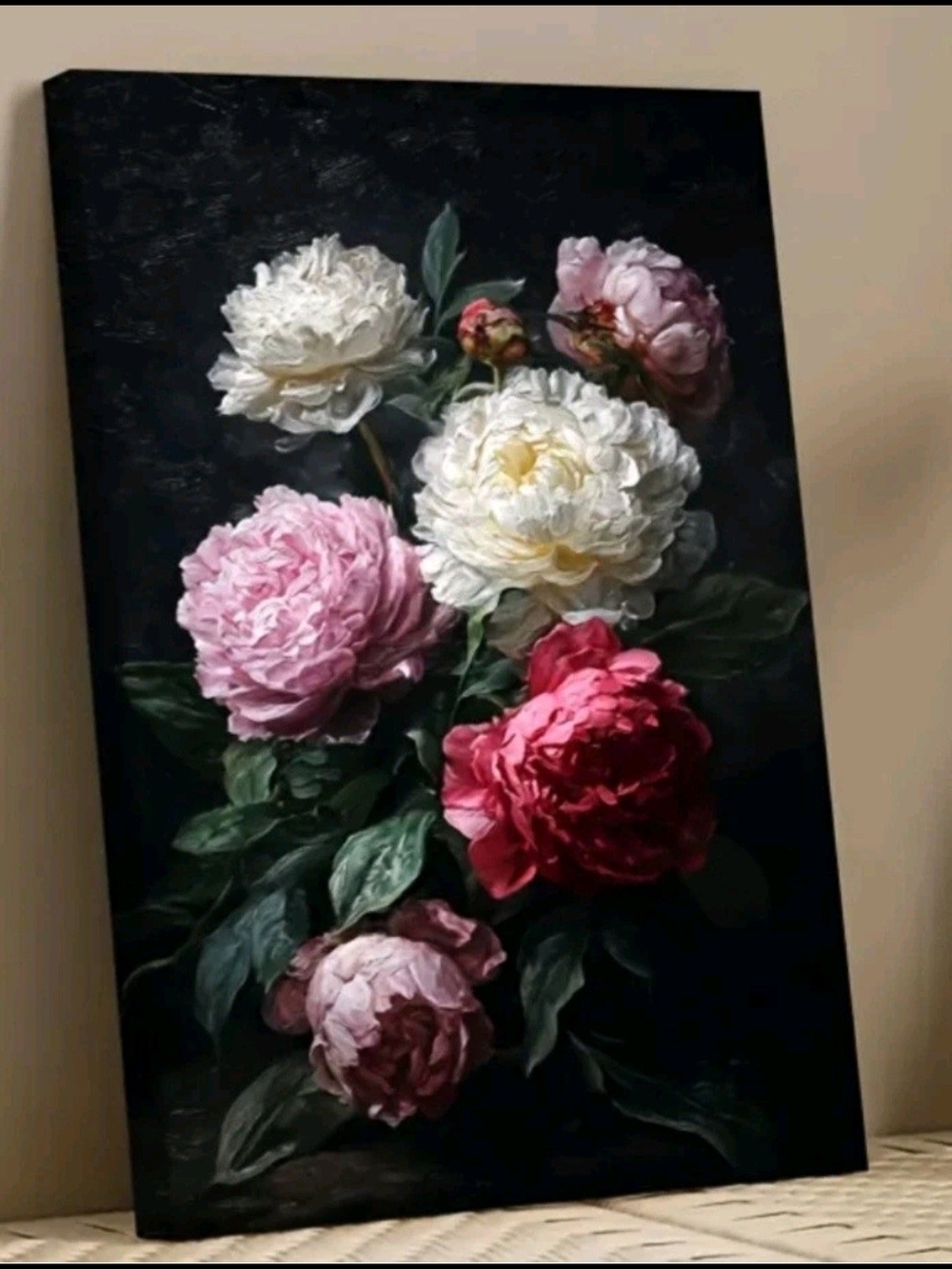 Floral Peony Canvas Wall Art - Shades Of Pink, Red & White On Black Canvas.